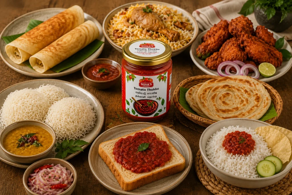 Tomato Thokku served with rice, roti, parata, dosa and other favourite meals